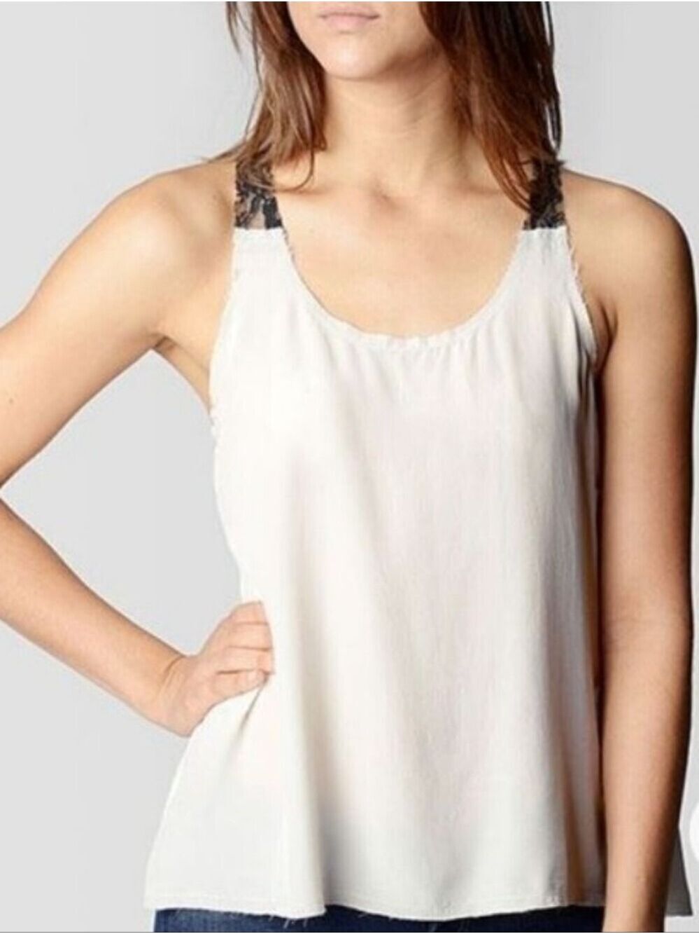 True Religion Ivory Silk Black Lace Trim Swing Tank Top Size XS
